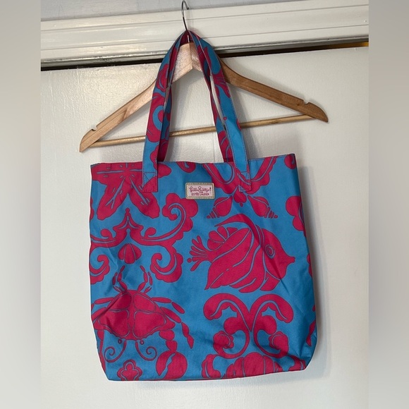 Lilly Pulitzer for Estée Lauder Canvas Tote Pink and Blue fish/ crab vacation - Picture 1 of 12